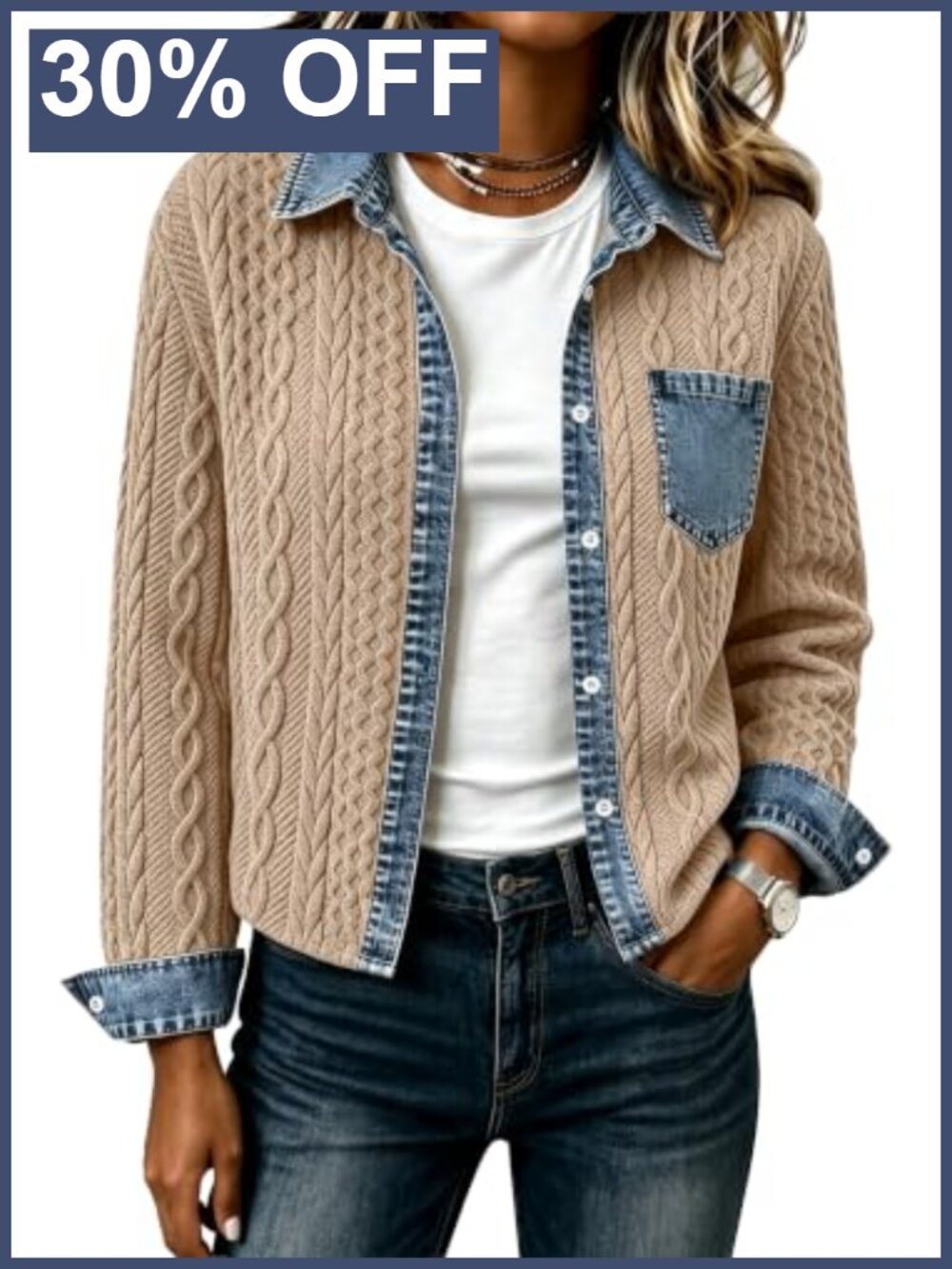 Cropped Denim Bomber Jacket Cable Knit Shacket Button Up